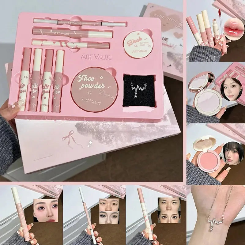 ART VALUE Makeup Set Include 4 Lip Glaze,1 Pressed Powder,1 Blush,1 Eyeliner,1 Eyebrow Pencil,1 Mascara With Necklce Cosmetics High Class Cosmetics
