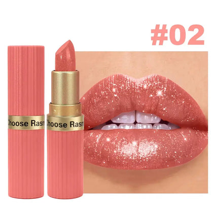 Pearlescent Pink Glitter Velvet Lipstick Metallic Waterproof Long Lasting Matte Shimmer Diamond Lipstick Women Makeup Cosmetic High Class Cosmetics