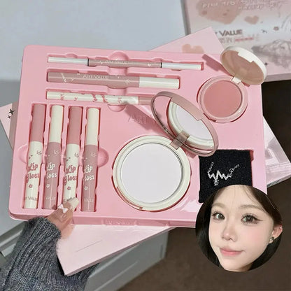 ART VALUE Makeup Set Include 4 Lip Glaze,1 Pressed Powder,1 Blush,1 Eyeliner,1 Eyebrow Pencil,1 Mascara With Necklce Cosmetics High Class Cosmetics
