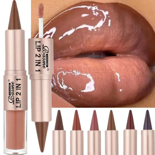2IN1 Tapered Gradient Lipliner Pen Nude Brown Mirror Glass Lip Gloss Matte Lip Liner Waterproof Lip Contour Non Stick Makeup High Class Cosmetics