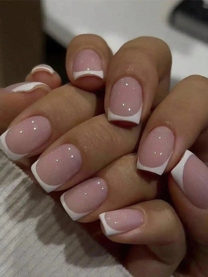 24pcs/set short square fake nails for women cute bride heart white french tips faux ongles y2k press on false nail supplies High Class Cosmetics