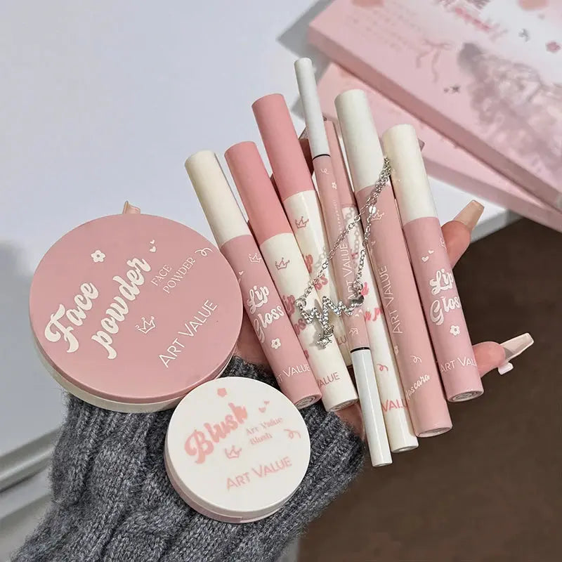 ART VALUE Makeup Set Include 4 Lip Glaze,1 Pressed Powder,1 Blush,1 Eyeliner,1 Eyebrow Pencil,1 Mascara With Necklce Cosmetics High Class Cosmetics