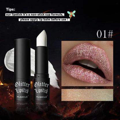 7Colors Glitter Lipstick Waterproof Long Lasting Diamond Pearlescent Metallic Lipstick Black Lipgloss Women Lips Makeup Cosmetic High Class Cosmetics