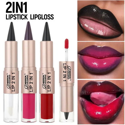 2IN1 Tapered Gradient Lipliner Pen Nude Brown Mirror Glass Lip Gloss Matte Lip Liner Waterproof Lip Contour Non Stick Makeup High Class Cosmetics