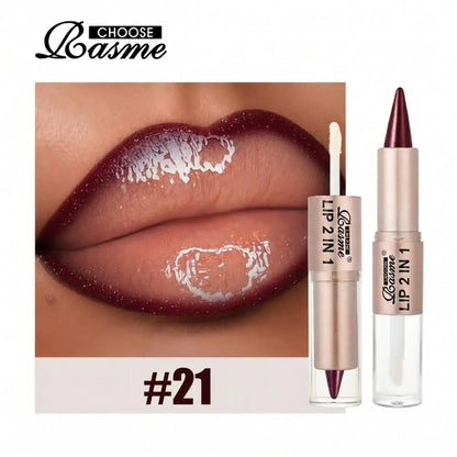 2IN1 Tapered Gradient Lipliner Pen Nude Brown Mirror Glass Lip Gloss Matte Lip Liner Waterproof Lip Contour Non Stick Makeup High Class Cosmetics