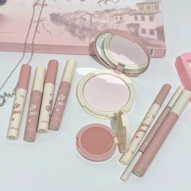ART VALUE Makeup Set Include 4 Lip Glaze,1 Pressed Powder,1 Blush,1 Eyeliner,1 Eyebrow Pencil,1 Mascara With Necklce Cosmetics High Class Cosmetics