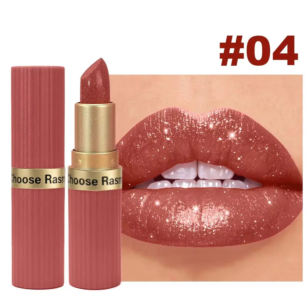 Pearlescent Pink Glitter Velvet Lipstick Metallic Waterproof Long Lasting Matte Shimmer Diamond Lipstick Women Makeup Cosmetic High Class Cosmetics