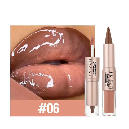 2IN1 Tapered Gradient Lipliner Pen Nude Brown Mirror Glass Lip Gloss Matte Lip Liner Waterproof Lip Contour Non Stick Makeup High Class Cosmetics