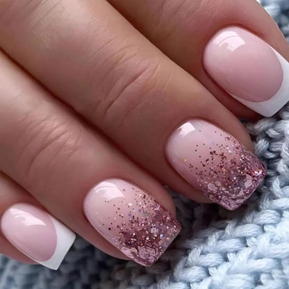 24pcs/set short square fake nails for women cute bride heart white french tips faux ongles y2k press on false nail supplies High Class Cosmetics