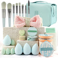 Multi piece set of beauty tools, blue hair with water droplets, powder puff, skin friendly, soft makeup brush, complete set