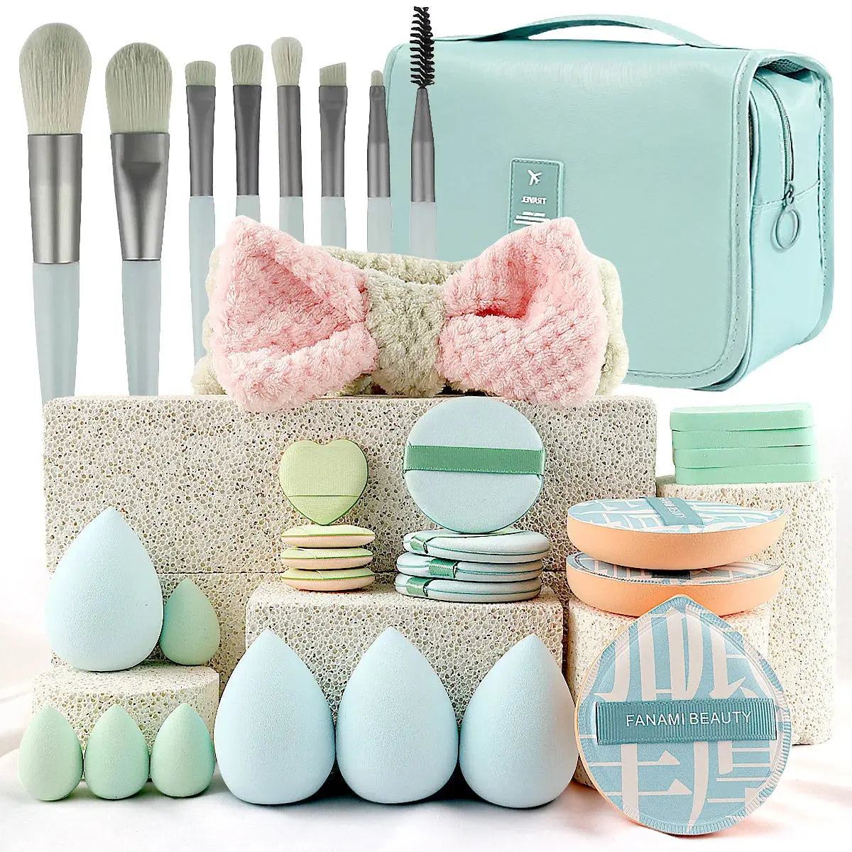 Multi piece set of beauty tools, blue hair with water droplets, powder puff, skin friendly, soft makeup brush, complete set High Class Cosmetics