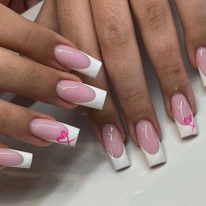 24pcs/set short square fake nails for women cute bride heart white french tips faux ongles y2k press on false nail supplies High Class Cosmetics