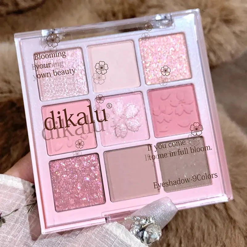 DIKALU 9-Color Sakura Eyeshadow Palette Glitter Matte Low Saturation Pink Brown Nude Makeup Shimmer Eye Pigments Long Lasting High Class Cosmetics