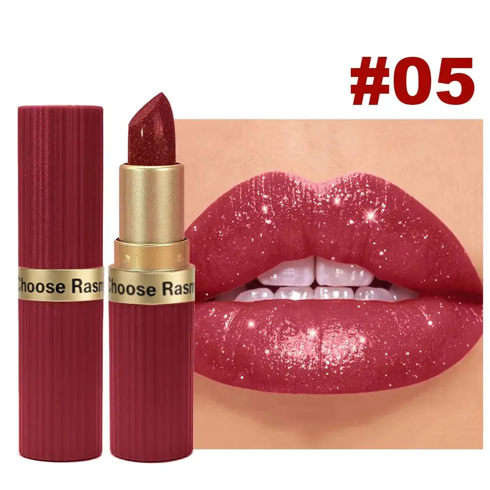 Pearlescent Pink Glitter Velvet Lipstick Metallic Waterproof Long Lasting Matte Shimmer Diamond Lipstick Women Makeup Cosmetic High Class Cosmetics