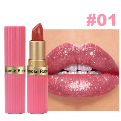 Pearlescent Pink Glitter Velvet Lipstick Metallic Waterproof Long Lasting Matte Shimmer Diamond Lipstick Women Makeup Cosmetic High Class Cosmetics